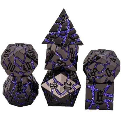 Cracked Rune Metal Dice Set for DND & RPG – Dark Fantasy Fractured Design, Premium Heavy Metal Polyhedral Dice with Deep Engraved Numbers, 7-Piece Set – Purple Arcane Vein - color: Black Nickel Purple