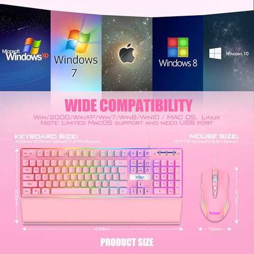 RedThunder K10 Wired Gaming Keyboard and Mouse and Wrist Rest Combo, RGB Backlit, Mechanical Feel Anti-ghosting Keyboard + 7D 7200 DPI Mice+Soft Leather Wrist Rest 3 in 1 PC Gamer Accessories(Pink) - color: Pink