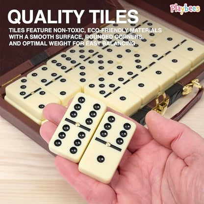 Playbees Jumbo Double Six Dominoes Set - 28 White Classic Tiles in Faux Leather Case - Fun Educational Toy for Kids, Boys, Girls, Classroom Kit, Classic Game Night Party Favors Set, Travel-Friendly - size: Ivory
