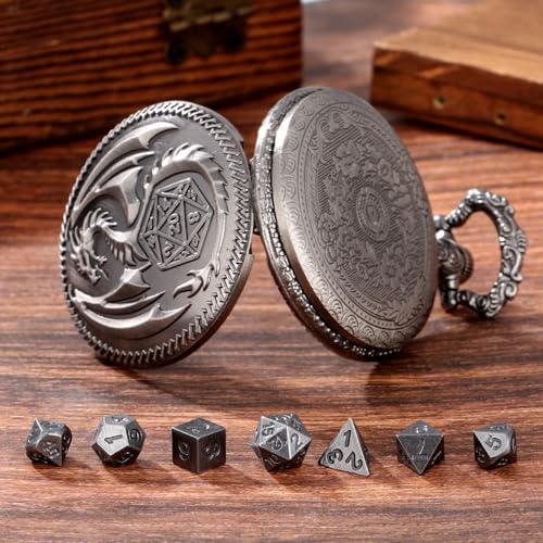 Mini DND Dice Set with Dragon Engraved Pocket Watch Shell Case, 7pcs Polyhedral Metal D&D Dice Set, DND Gifts with Gift Box, Role Playing Board Games Accessories, Dark Silver - color: Dark Silver