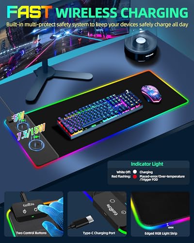 Wireless Charging Mouse Pad, RGB Gaming Mousepad, 31.5"x11.8" | Extra Large LED Desk Mat, 13 Lighting Modes, Ultra-Smooth Surface, Non-Slip Base, Waterproof Computer Keyboard Pad, Black - color: Black-31.5"x11.8"