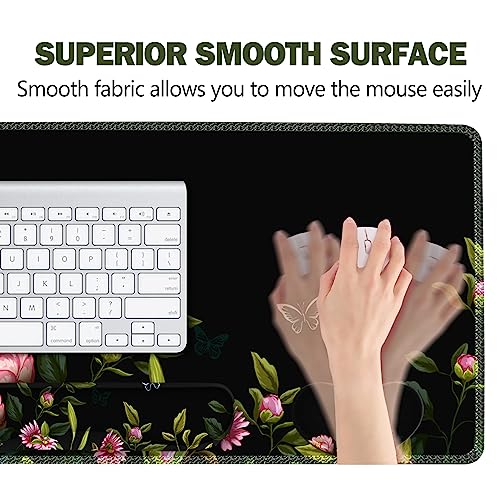 ARTSO Gaming Mouse Pad Wrist Support Set, XXL Large Desk Mat Mousepad + Keyboard Wrist Support+ Mouse Wrist Rest+Coaster 4in1 Ergonomic, Stitched Edge for Home Office -Flowers and Butterflies - color: Flowers and Butterflies