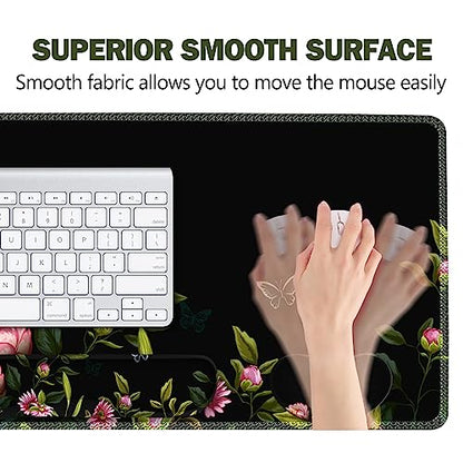 ARTSO Gaming Mouse Pad Wrist Support Set, XXL Large Desk Mat Mousepad + Keyboard Wrist Support+ Mouse Wrist Rest+Coaster 4in1 Ergonomic, Stitched Edge for Home Office -Flowers and Butterflies - color: Flowers and Butterflies