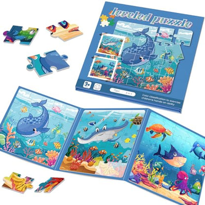 Magnetic Puzzles for Toddlers 3-5 Toddler Puzzle Travel Toys （Sea） | Jigsaw Puzzles for Kids 75-Pieces Travel Toys Sea Puzzles Ages 4-6 Road Car Trip & Airplane Activities - style: Sea