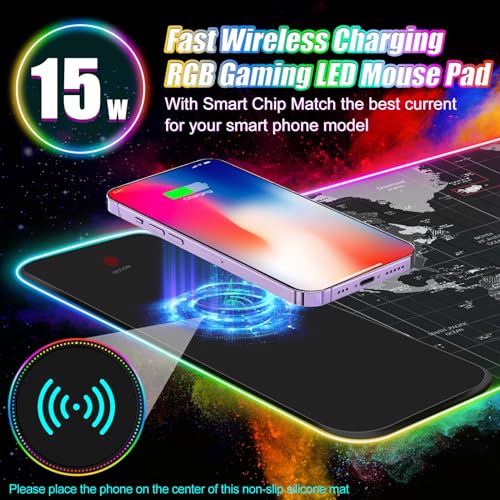 ToLuLu Wireless Charging RGB Gaming Mouse Pad, 15W Mouse Mat w/ 30W Charger | 14 Light Modes LED Large Mousepad with Wrist Support, Non-Slip Rubber Base Desk Mat Computer PC Keyboard Pad World Map - color: World Map