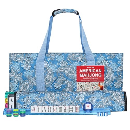 American Mahjong Game Set, 166 Quality White Tiles, 4 All-in-One Color Rack/Pushers, Mahjong Tile Set with Light Blue Printed Carrying Bag - color: Light Blue