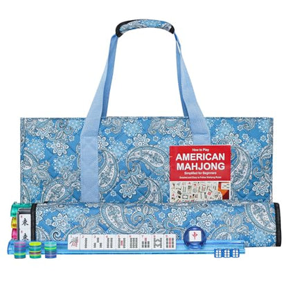 American Mahjong Game Set, 166 Quality White Tiles, 4 All-in-One Color Rack/Pushers, Mahjong Tile Set with Light Blue Printed Carrying Bag - color: Light Blue