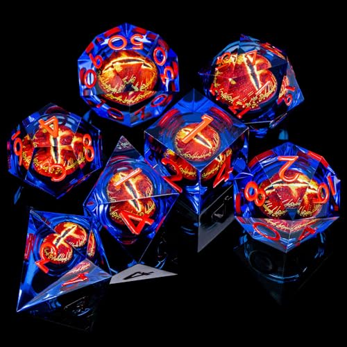 ARUOHHA DND Resin Dice Gazes Eye Dice Blue Red Liquid Core Flaming RPG Sharp Edged Dice Set with Gift Box, Polyhedral D and D Dice Set Compatible with Dungeons Dragons Role Playing Game D20 D6 - color: Sl01-blue Red
