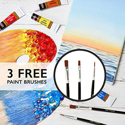 Acrylic Paint Set Canvas Art Paints 24 Colors Perfect Paint Finish (0.41oz,12 ml) With 3 Brushes - Painting Canvas, Paper, Wood, Rock, MDF, Ceramic & Fabric