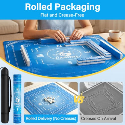 No Creases Mahjong Mat with Rules for Table 32.4''x32.4'', Rolled Shipping, Mah Jongg Mat with Carrying Bag for American Mahjong, Poker, Board Games, Card Games & Dominoes (Blue) - color: Bright Blue
