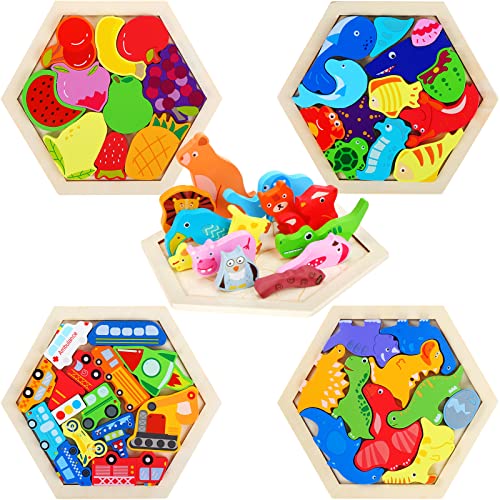 Jerify 5 Pack Wooden Tangram Puzzle for Kids, Brain Teaser Puzzles | Cute Pattern, Wooden Hexagon Puzzle Block Teaser, Pattern Block, Tangram Puzzle, Geometric Shapes Tangram, Boy Girl Toddler - style: Cute