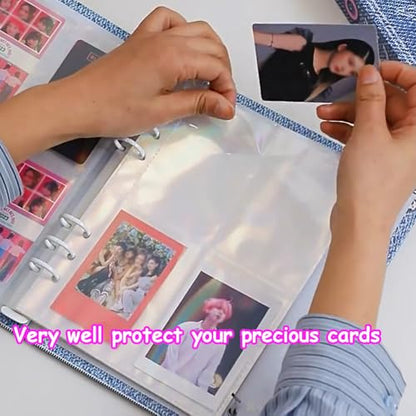 Kpop Photocard Binder with 6 Stickers Sheet & 50 Shinning Protective Sleeves Kpop Photocard Holder Book with Kpop Photocard, A5 Binder Photocard Album 30 Inner Pages with 240 Pockets (Jeans) - color: Jeans