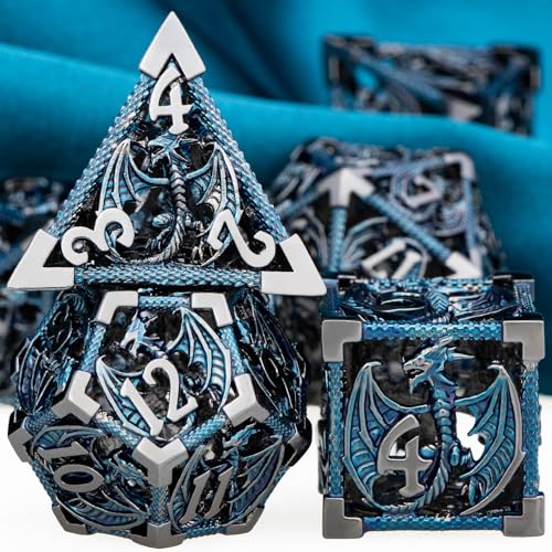 ARUOHHA Hollow DND Metal Dice Set Black Blue Dragons D and D Dice with Gift Box, Role Playing Games Dungeons Polyhedral Dice D20 D12 D10 D8 D6 D4 - color: Black Blue-01