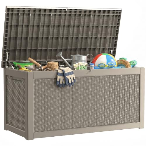 320 Gallon Deck Boxes Outdoor Waterproof, Outdoor Storage Box with Lockable Lid & UV-Resistant for Patio Furniture, Outdoor Cushions, Garden Tools and Pool Supplies, Light Brown - color: Light Brown, size: 320 GAL