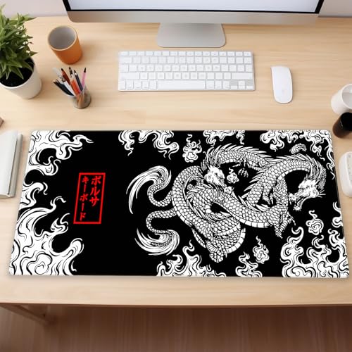 Japanese Dragon Desk Mat, Black White XXL Large Gaming Mouse Pad | Stunning high contrast ink dragon desk pad providing elite tracking accuracy, plush support, and anti-fray borders. - color: Dragon