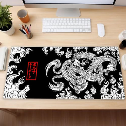 Japanese Black White Dragon Desk Mat, XL Large Gaming Mouse Pad | Aesthetic traditional tattoo line art desk pad with premium 3mm thickness, seamless glides, and non-slip rubber base. - color: Dragon