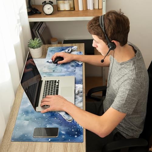 Desk Pad, Large Game Mouse Pad + Small Mouse Pad + Wrist Rest,Ergonomic Mouse Pad,Table Mat with Stitched Edge,Anti-Slip,Memory Foam Desk Mat for Home Office Gaming(23.6×11.8in),Grey Wolf - color: Grey Wolf