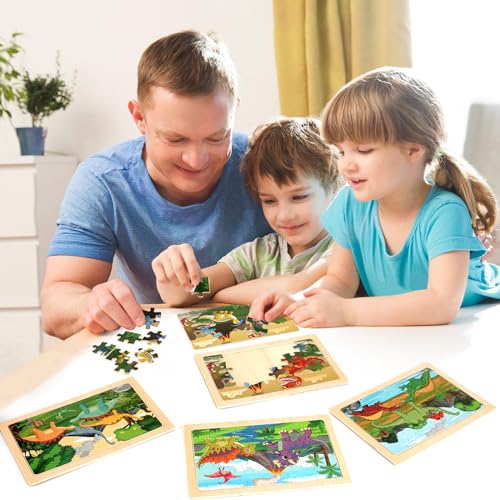 Wooden Puzzles Dinosaur Toys for Kids Ages 3-5, Set of 4 Packs with 20-Piece Wood Jigsaw Puzzles, Preschool Educational Brain Teaser Boards for Boys and Girls 3 4 5 6 Years Old - color: Dinosaur