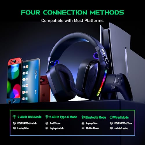 Black Shark Wireless Gaming Headset, Bluetooth 6.0 Gaming Headphones with USB and Type-c Connector, 7.1 Surround Sound for PC, PS5, PS4, Noise Canceling Microphone & 40H Battery, Goblin X8 (Black)