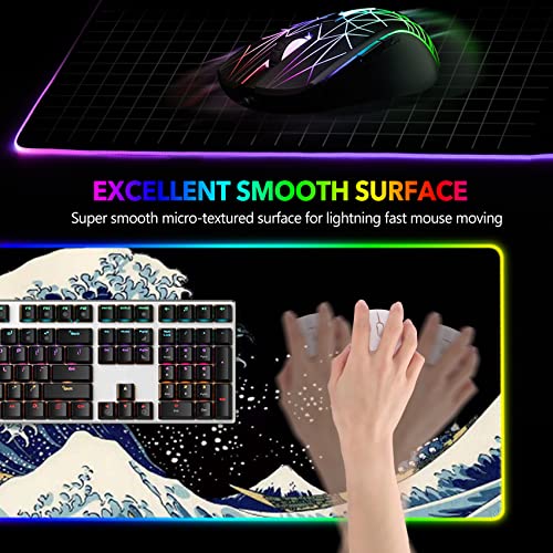 RGB Gaming Mouse Pad Large, AIMSA Keyboard Led Mousepad Extended 35.4 x 15.8 inch Non-Slip Rubber Base with 14 Lighting Modes, Big Desk Mat Waterproof, Big Waves - color: Big Waves