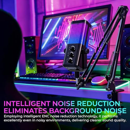 USB Microphone for PC/Gaming，Smart ENC Noise Cancelling & Heart-Shaped Pickup，RGB Lighting & Multi-Knob Control for Streaming/Podcast，with Mic Arm Stand, Black Bracket Style - style: bracket type
