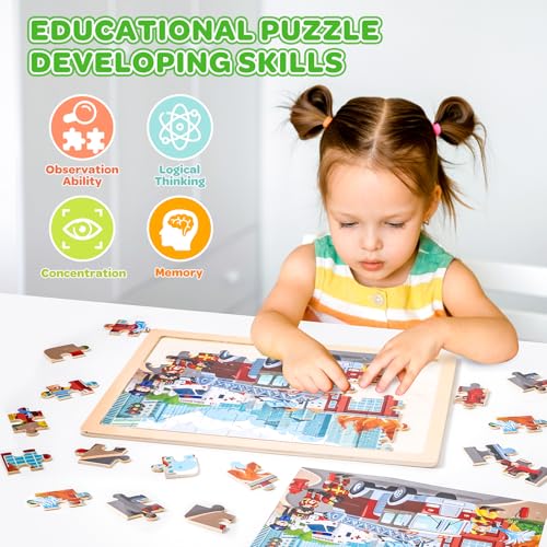 6-Pack Wooden Puzzles for Kids Ages 3-5, 60-Piece Construction Vehicle Set | Toddler Puzzles Ages 3-5, Preschool Puzzles with Wooden Jigsaw Boards for Fine Motor Skills, Shape Recognition and Travel - style: Vehicles
