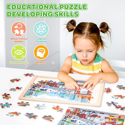 6-Pack Wooden Puzzles for Kids Ages 3-5, 60-Piece Construction Vehicle Set | Toddler Puzzles Ages 3-5, Preschool Puzzles with Wooden Jigsaw Boards for Fine Motor Skills, Shape Recognition and Travel - style: Vehicles