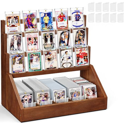 Emfogo Trading Card Display, 3-Tier Card Display Stand with 5-Row Storage, Wooden Graded Card Display, Large Capacity Sports Cards Display Case for Cards Game Collection (Walnut) - color: Walnut