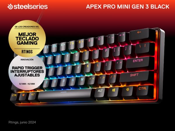 SteelSeries Apex Pro Mini Gen 3 OmniPoint 3.0 HyperMagnetic Switches — Adjustable Actuation — Rapid Trigger — Game-Ready Presets — Protection Mode — Rapid Tap/SOCD — RGB — PBT Keycaps — USB-C - color: Black, size: Pro Mini 60%, style: Gen 3 Wired
