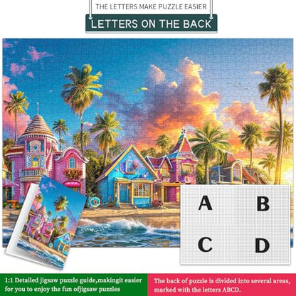 Puzzles for Adults 1000 Pieces,Romantic Beach Jigsaw Puzzle with 1:1 HD Poster,1000 piece Puzzles with Letters on Back, Stress Relief Ideal Gift for Family Games - color: Romantic Beach