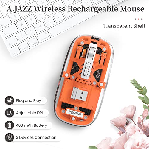 A.JAZZ Wireless Bluetooth5.1&2.4G Mini Lightweight Mouse,Transparent Clear Cool,Rechargeable Silent Computer Mice,Nano USB C Receiver,LED Battery Magic Silm For Office/PC/Mac/Laptop/Apple/ipad(Orange) - color: Orange