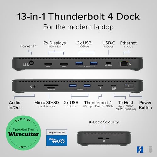 Plugable Thunderbolt 4 Dock, 100W Charging (96W Certified), Dual HDMI Docking Station for Windows and Mac, Single 8K or Dual 4K 60Hz, 40Gbps, 13 Ports with Ethernet, SD/microSD (TBT4-UD5)