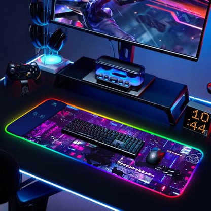 RGB Mouse Pad with 15W Wireless Charging, Purple Anime Neon Extended Large LED Gaming Mouse Pad Non-Slip Rubber Base, 10 Light Modes Desk Pad for Home Office-Warrior Cat - color: Warrior Cat