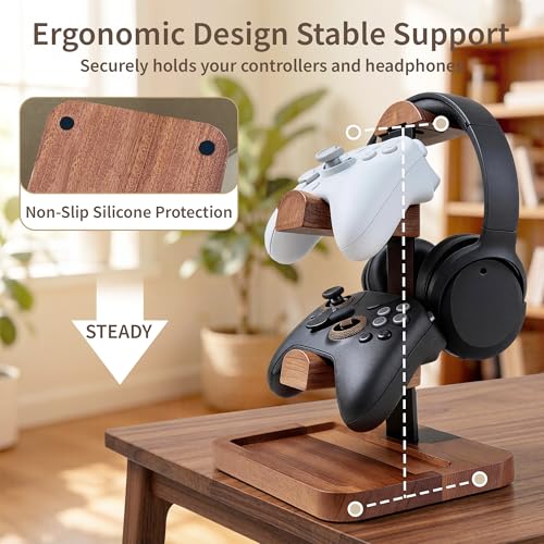 Solid Wood Headphone Stand with Controller Holder, Space-Saving Dual Hanger & Gamepad Organizer for Desktop, Gaming Desk Accessories with Stable Base Storage
