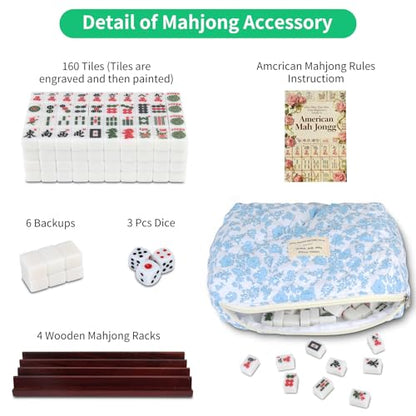 Travel American Mahjong Tile Set, 166 PCS 0.8 Inch Mini Mahjong Game Tiles, 4 Wooden Racks, Floral Storage Bag, 3 Dice & Beginner's Guide, Complete Portable Set - color: White