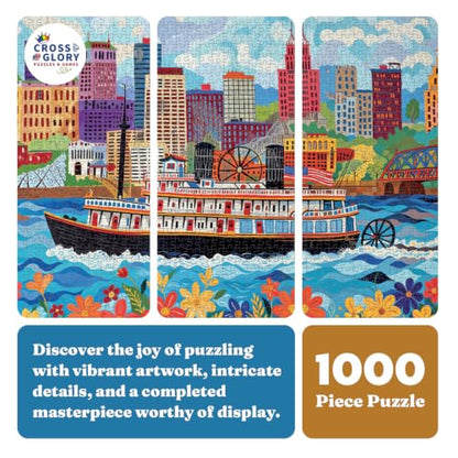 Cross & Glory | Jigsaw Puzzles for Adults | Queen City Paddle Wheel | Landscape Puzzles for Adults | Satin Finish | Ages 14+ - color: Queen City Adventure - River