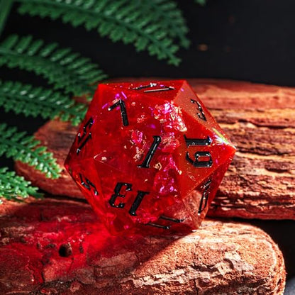 Cusdie Single D20 DND Dice with Sharp Edges and Glitter Foil Inclusions, 33mm Handcrafted 20 Sided D&D Dice, for Role Playing Game (Flame Red w/Black Numbers) - color: Flame Red With Black Numbers