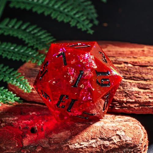 Cusdie Single D20 DND Dice with Sharp Edges and Glitter Foil Inclusions, 33mm Handcrafted 20 Sided D&D Dice, for Role Playing Game (Flame Red w/Black Numbers) - color: Flame Red With Black Numbers