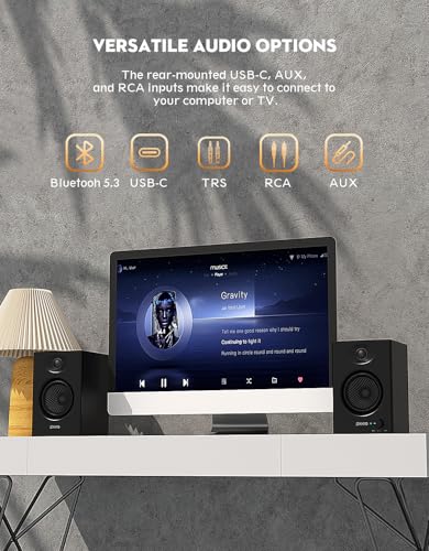 OHAYO 60W Computer Speakers for Music and Gaming, Active Bluetooth 5.3, Stereo 2.0 Speakers for Desktop PC or Laptop, 3.5mm Aux RCA USB Input, 1 Pair, Black - color: Black