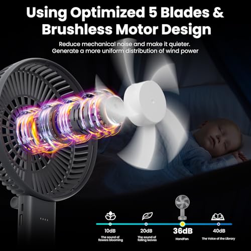 HandFan Quiet 6 Inch Handheld Fan [34H Max Cooling Time], 6 Speed Rechargeable Personal fan and Desktop with Base, 180° Foldable for Travel Concerts Makeup Office (Grey) - color: grey
