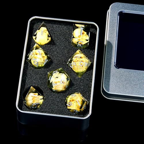 Froggod Transparent Moss & Skull Dice Set with Gift Box for DND RPG, 7Pcs | Transparent resin DND role playing dice with moss skull design and sharp edges for MTG, tabletop games and collectors - color: Transparent