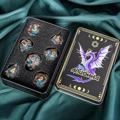 ARUOHHA DND Resin Dice Plum Blossom Liquid Core Dice Golden Blue Sharp Edged Polyhedral Dragons Dice Set with Gift Box, Dungeons D and D Dice Role Playing Game D20 D12 D10 D8 D6 D4 - color: Flower&golden Blue