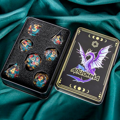 ARUOHHA DND Resin Dice Plum Blossom Liquid Core Dice Golden Blue Sharp Edged Polyhedral Dragons Dice Set with Gift Box, Dungeons D and D Dice Role Playing Game D20 D12 D10 D8 D6 D4 - color: Flower&golden Blue