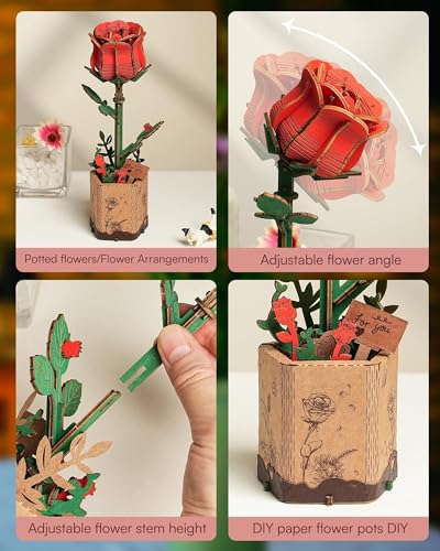 3D Flower Wooden Puzzles for Adults-Red Rose, DIY Wooden Flowers Model Kit Building Set Crafts Birthday Gifts Women, Artificial Botanical Collection Creative Gift Ideas/Housewarming (106PCS) - style: TW - Red Rose