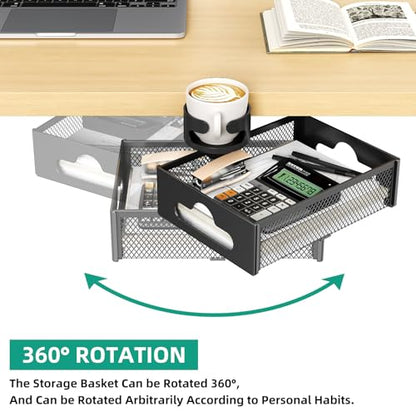 CABTE Desk Cup Holder with Drawer Organizer | Anti-Spill Clip-On Table Cup Hook with 360° Rotation Hidden Storage Box for Office Home Gaming Table (Black) - color: Black