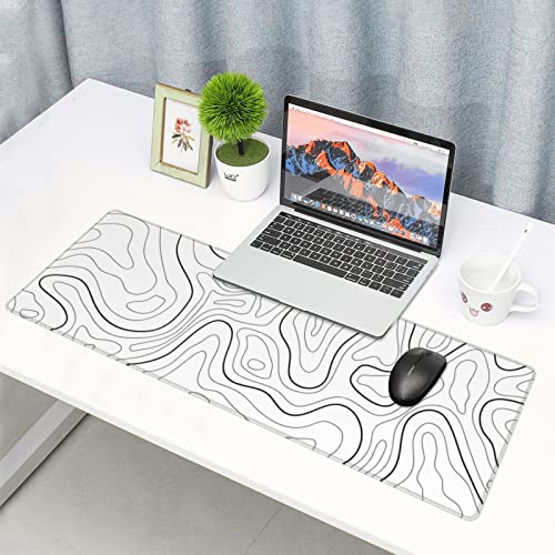 White Extended Gaming Mouse Pad - 31.5 x 11.8 Inch Black and White Topographic Mouse Pad with Anti-Slip Rubber Base for Home Office - color: White Topographic