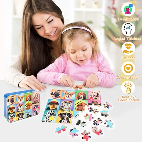 LELEMON Puzzles for Kids Ages 4-6,Dog 60 Piece Puzzles for Kids Ages 4-8 | Children Jigsaw Puzzles Kids Puzzles in a Metal Box,Educational Learning Puzzle Toys for Girls and Boys - color: Smart Dog