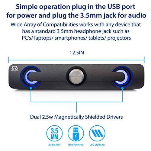 GamesterGear Desktop Compact USB Powered Wired Multimedia Mini Stereo Sound Bar 3.5mm Audio Jack Blue LED 2.5 Watts Speaker - style: SOUNDBAR