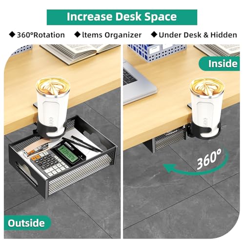 CABTE Desk Cup Holder with Drawer Organizer | Anti-Spill Clip-On Table Cup Hook with 360° Rotation Hidden Storage Box for Office Home Gaming Table (Black) - color: Black
