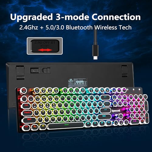 Redragon K710 Wireless Typewriter Style Mechanical Gaming Keyboard, Black | Bluetooth/2.4Ghz/Wired Tri-mode, RGB Backlit, Rechargeable Battery, Clicky Blue Switch, Solid Metal Panel, Round Keycaps